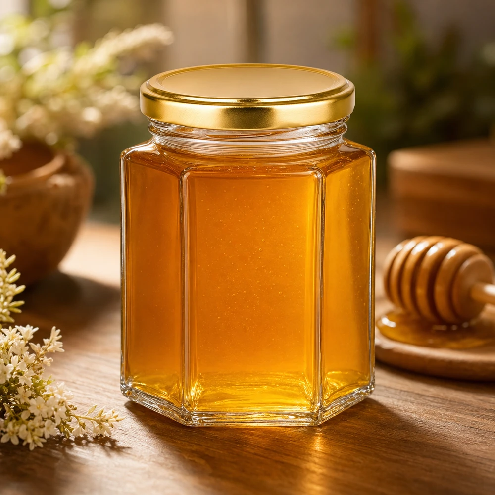 250g pot de miel hexagonal BasicSeal couvercle doré rempli de miel à côté de la cuillère à miel sur table en bois produit naturel