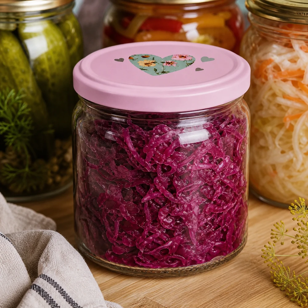 Pot rond de 408 ml + couvercle BasicSeal cur rose UNiTWIST Pot rond de 408 ml avec couvercle en forme de cœur rose rempli de chou rouge fermenté entre autres bocaux