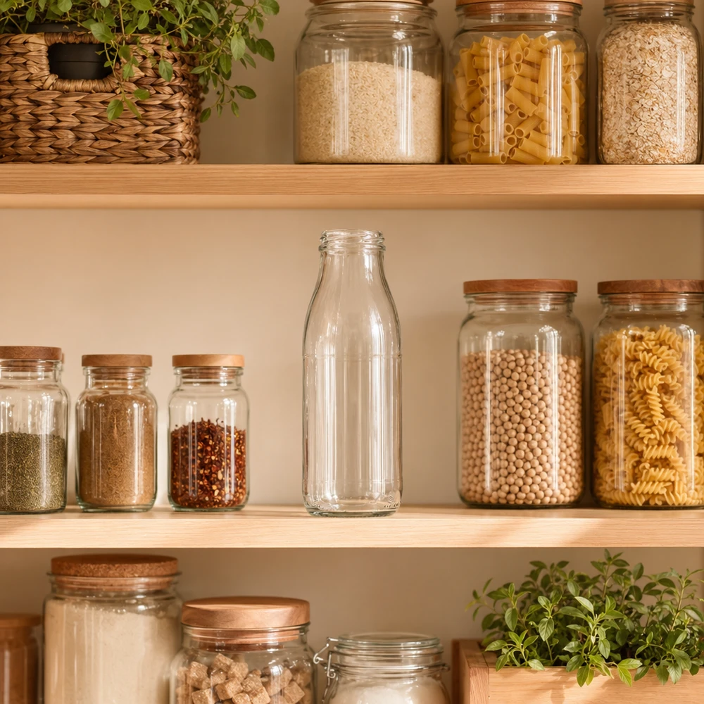 500ml Bouteille sans bouchon (TO48) UNiTWIST 500ml Glasflasche TO48 UNiTWIST in moderner Vorratsküche zwischen Gewürzgläsern und Pasta-Behältern auf Holzregalen