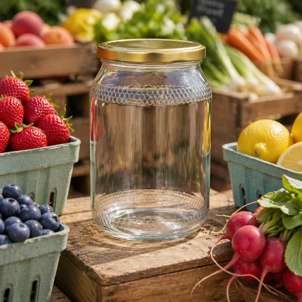 Pot à miel 1260 g avec couvercle doré BasicSeal UNiTWIST Pot à miel de 900ml vide avec couvercle BasicSeal or entre les fruits et légumes frais - pot de stockage polyvalent