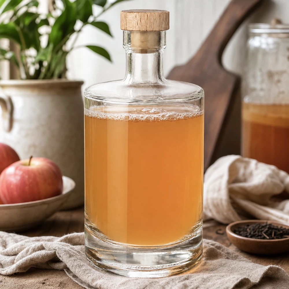 Bouteille en verre Marie de 500ml remplie de liqueur de pomme - bouchon en bois UNiTWIST - Nature morte de cuisine avec pommes et épices