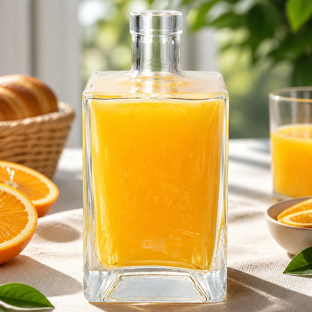 Flacon en verre « Ben » 700 ml sans bouchon UNiTWIST® Bouteille en verre Ben de 700 ml remplie de jus d'orange sur une table de petit-déjeuner dressée avec des oranges fraîches et des pâtisseries