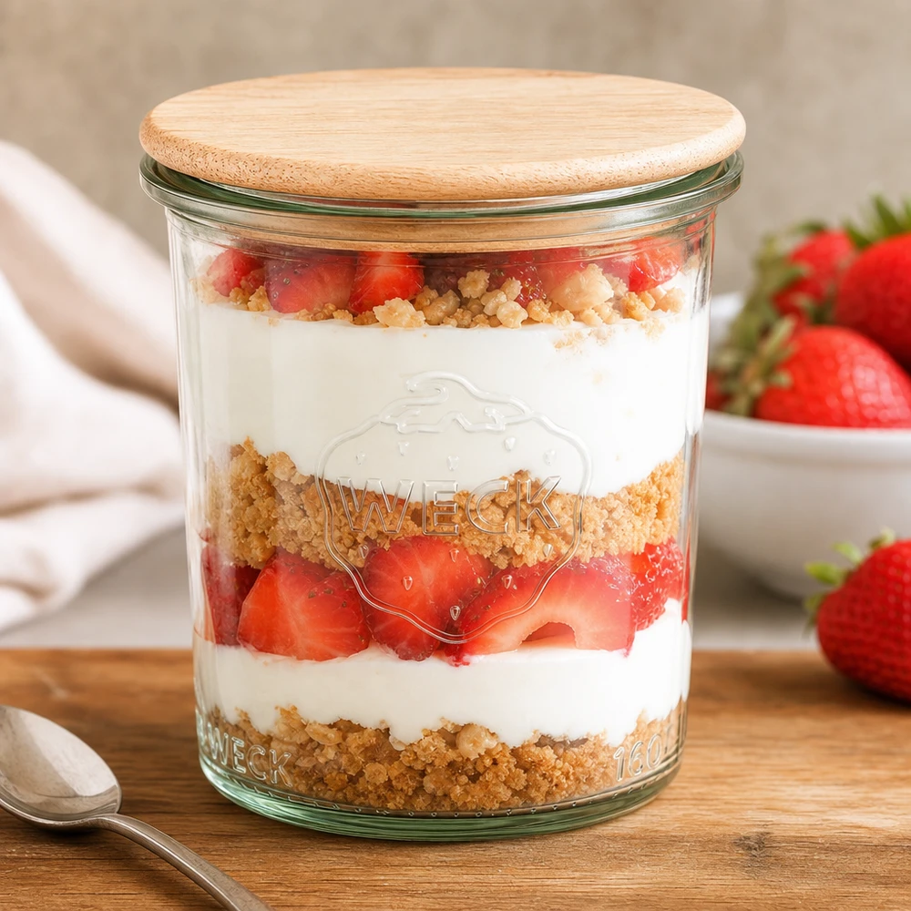 160ml bocal conique WECK RR60 avec couvercle en bois WECK Pot 160ml RR60 avec couvercle en bambou rempli de dessert à la fraise Dessert en couches dans un pot de conserve Table de cuisine