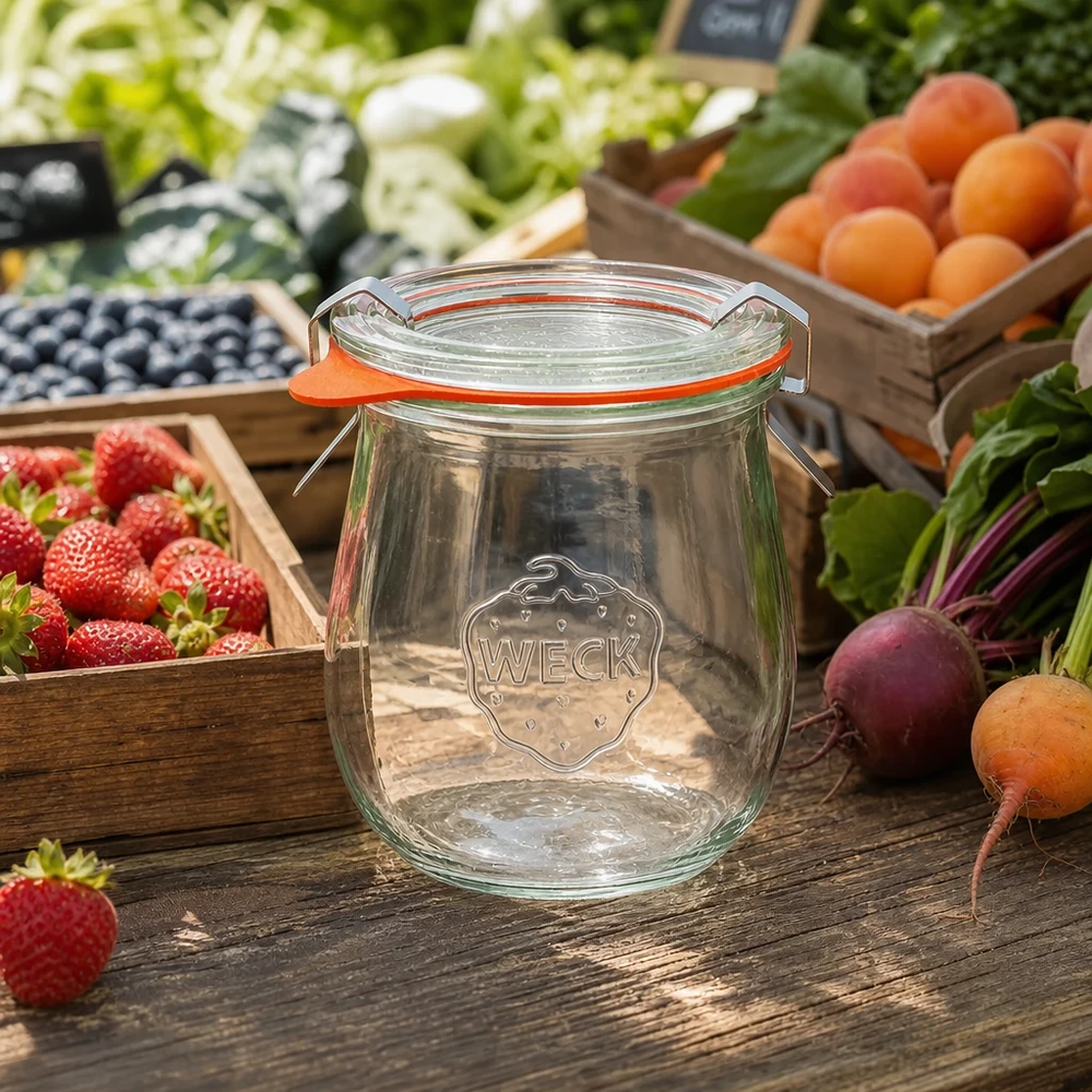220ml bocal tulipe complet WECK RR60 WECK Pot tulipe 220ml RR60 vide sur table en bois entouré de fruits et légumes frais du marché Set de pots de conservation