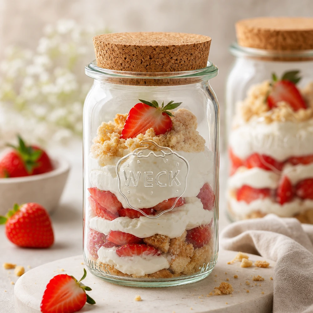 WECK Pot de conservation 145ml avec couvercle en liège utilisable comme pot à dessert avec tarte aux fraises dessert en couches tiramisu en pot
