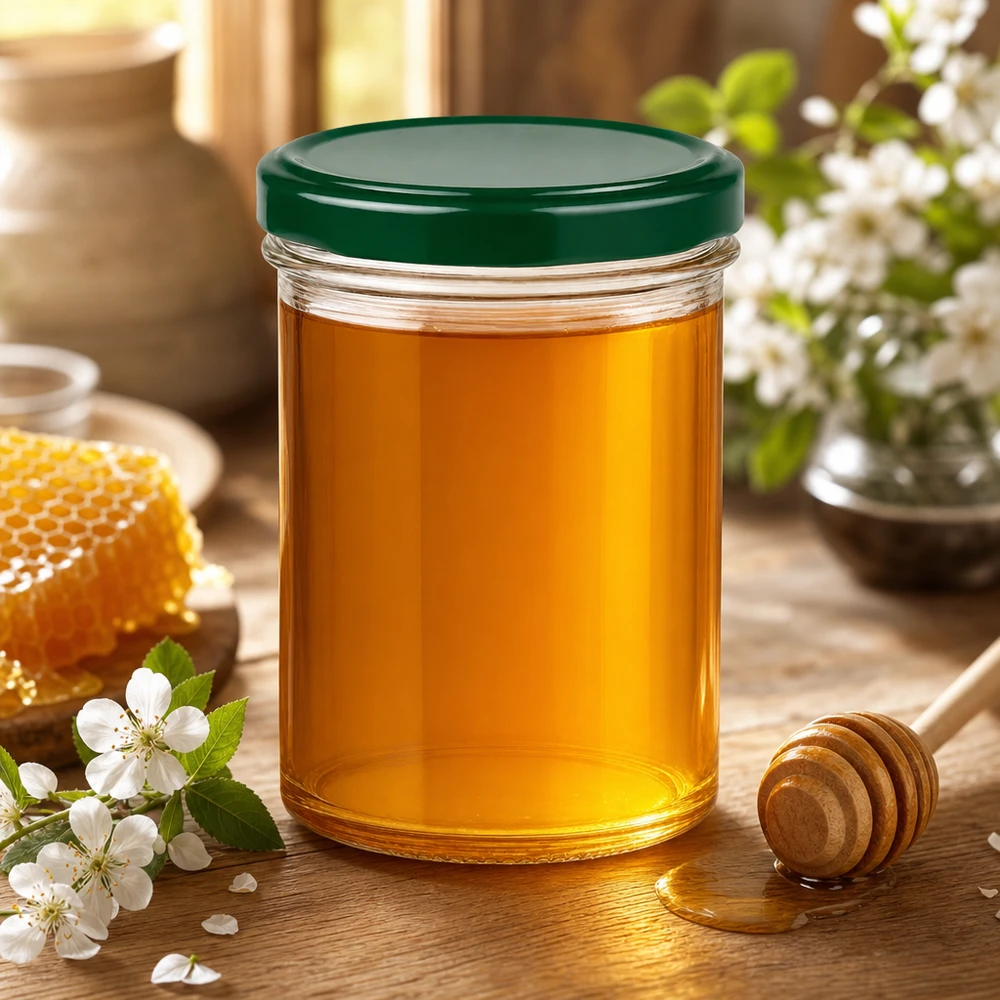350ml Verre conique avec couvercle BasicSeal vert UNiTWIST Verre renversé de 350 ml UNiTWIST vert rempli de miel à côté de cuillères à miel Nid d'abeille et fleurs sur une table en bois rustique