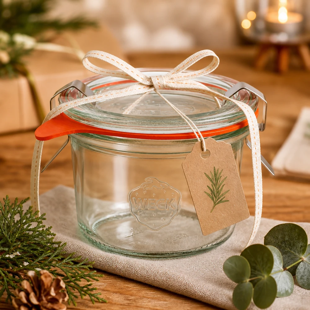 80ml bocal conique complet WECK RR60 Pot renversé WECK RR60 de 80 ml comme emballage cadeau avec ruban et pendentif dans une décoration de Noël chaleureuse