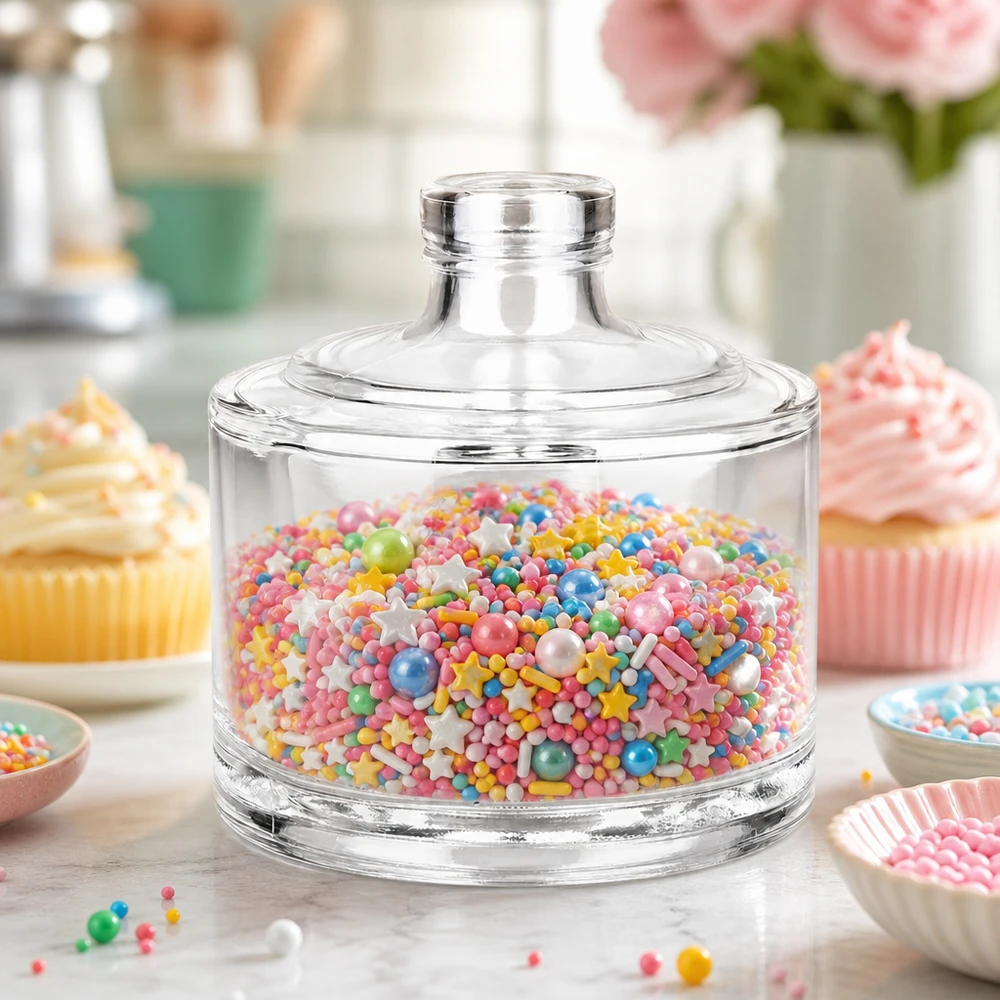 Bouteille en verre de 200ml Barbara comme bocal à bonbons avec des vermicelles et des boules multicolores pour les accessoires de pâtisserie et la conservation des confiseries