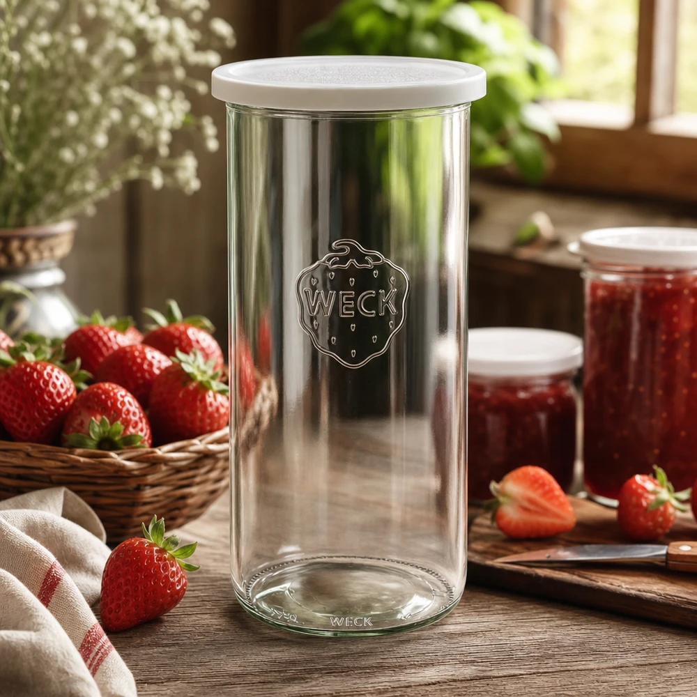 1500ml bocal conique avec couvercle fraîcheur WECK RR100 WECK Bocal à provisions 1500ml RR100 dans une cuisine rustique avec des fraises et des pots de confiture comme prise de vue lifestyle