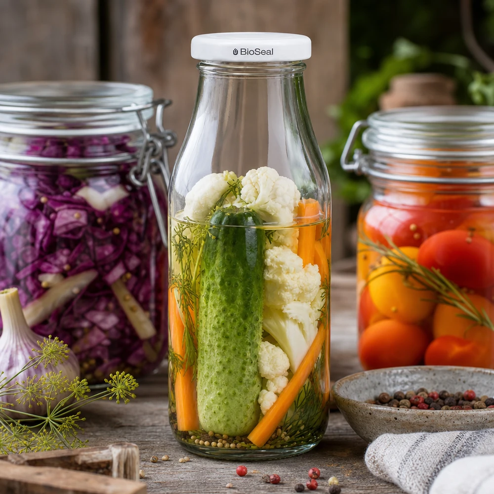 UNiTWIST Bottle263 avec couvercle blanc TO43 BioSeal rempli de légumes marinés à côté de bocaux sur une table en bois