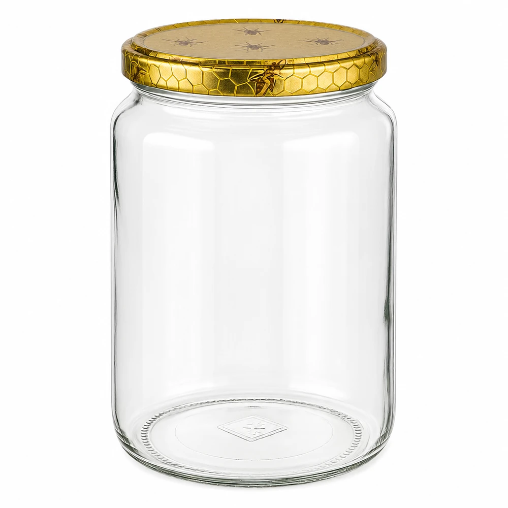Pot à miel 1000 g avec couvercle motif rayon de miel BasicSeal UNiTWIST Pot à miel vide en verre de 1000g avec couvercle doré en nid d'abeille et motif d'abeille pour miel pot de stockage apicole