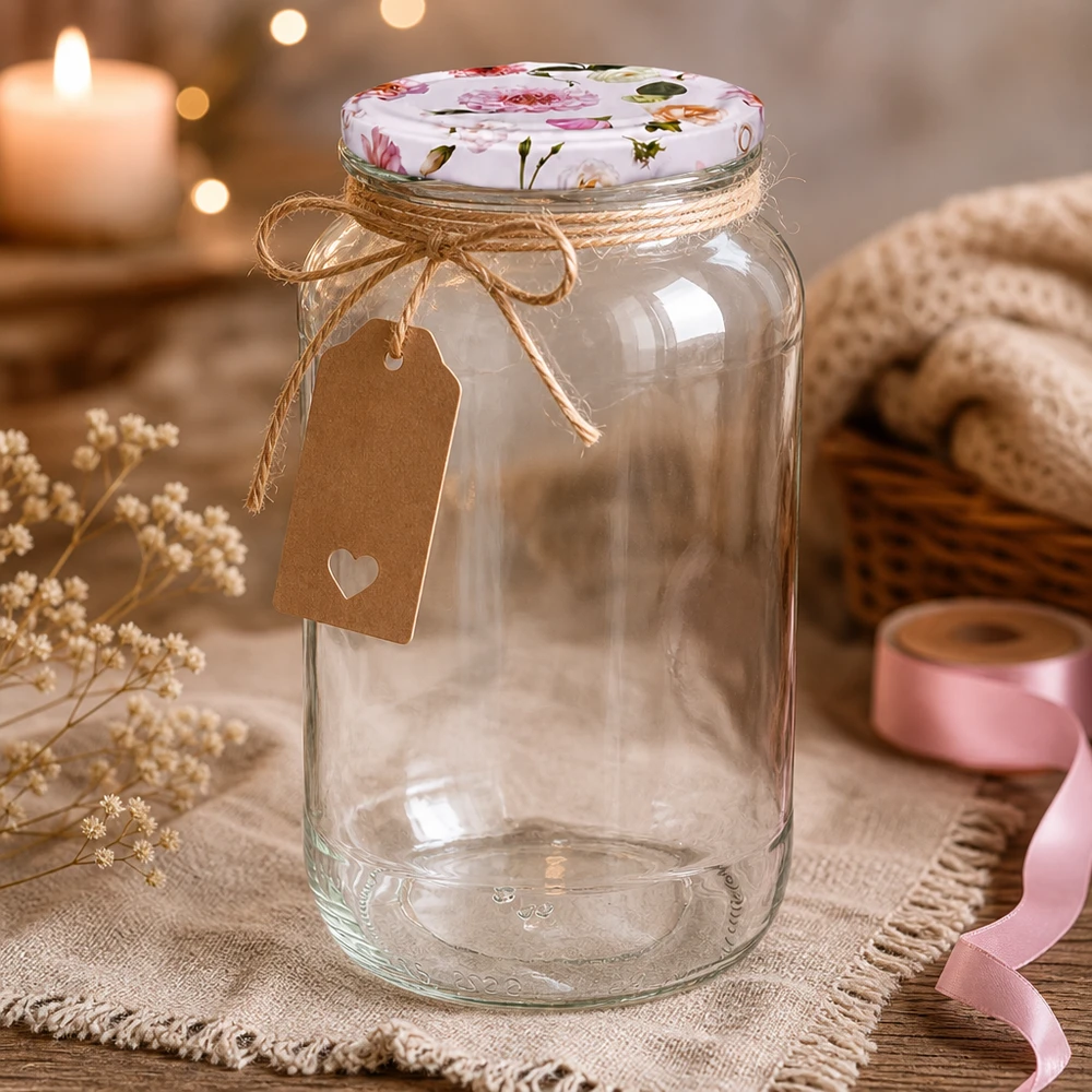 Pot rond de 1062 ml + couvercle BasicSeal rose fleur UNiTWIST Verre rond décoratif de 1062 ml avec couvercle rose à fleurs BasicSeal et étiquette cadeau présentation rustique