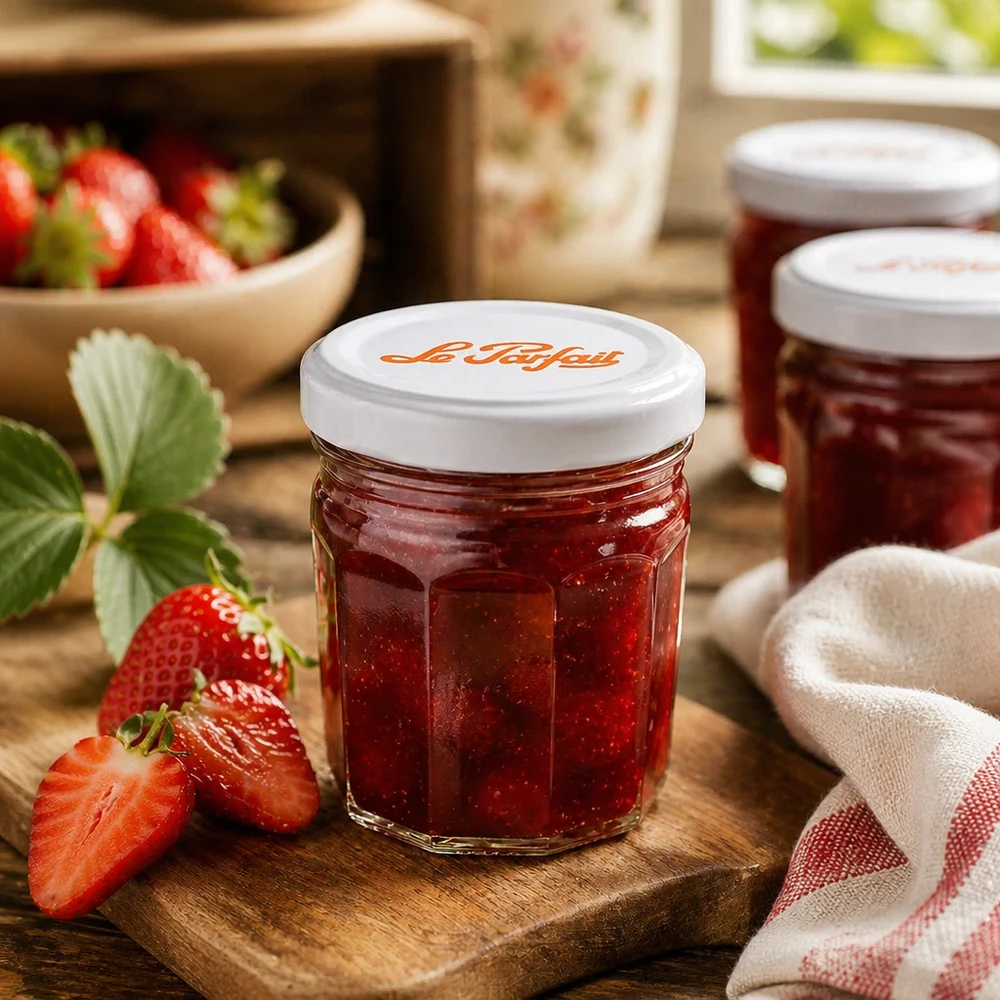 Mini-pots Le Parfait avec confiture de fraises sur une planche en bois