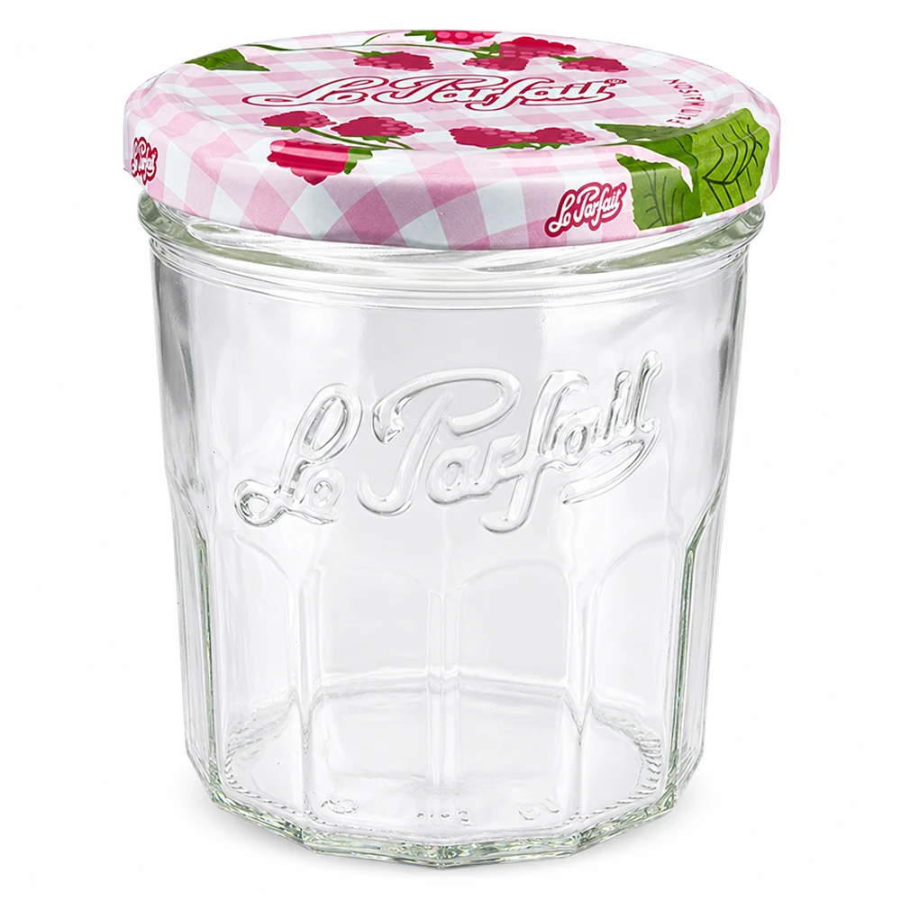 Le Parfait® Jam 324 ml Ø82 mm pot confiture Pot à confiture Le Parfait vide de 324ml avec couvercle à visser au design framboise pour confitures et conserves
