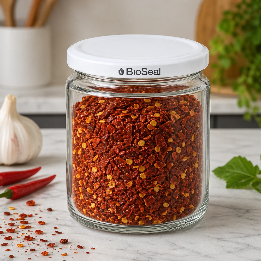 Pot à miel 350 g avec couvercle blanc BioSeal UNiTWIST Pot de miel de 250 ml avec couvercle BioSeal rempli d'un mélange d'épices au chili comme rangement de cuisine sur plaque de marbre