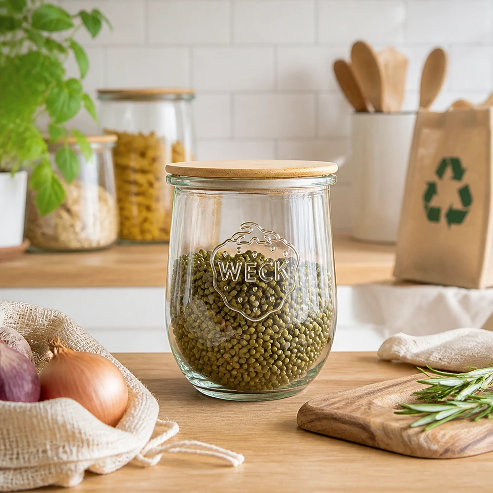 1062ml bocal tulipe WECK RR100 avec couvercle en bois WECK Tulpenglas 1062ml RR100 mit Holzdeckel als stilvolles Vorratsglas für Hülsenfrüchte in moderner Küche