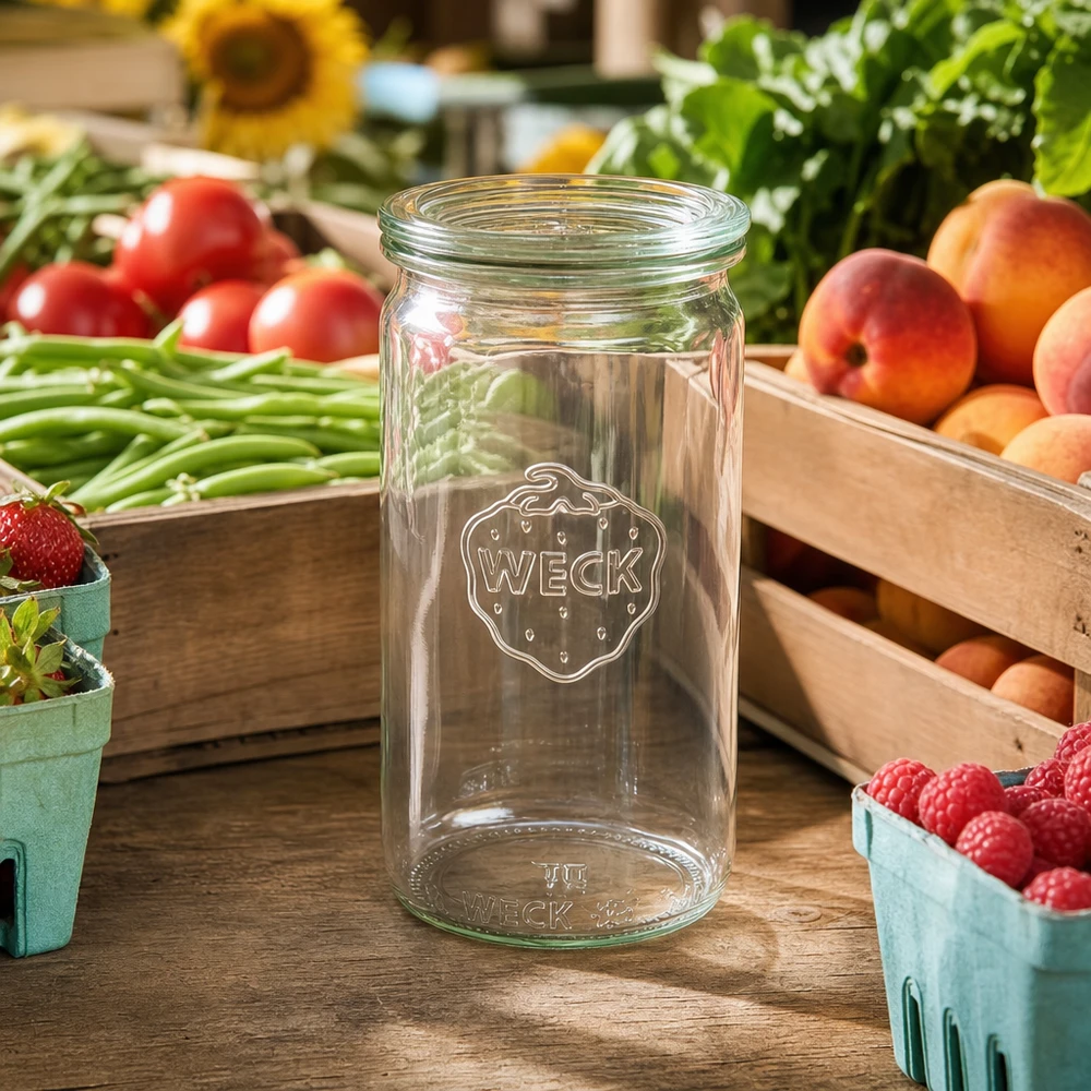 340ml bocal cylindrique avec bouchon en verre WECK RR60 WECK 340ml verre cylindrique RR60 transparent sur table en bois entouré de fruits frais légumes et baies atmosphère de stand de marché