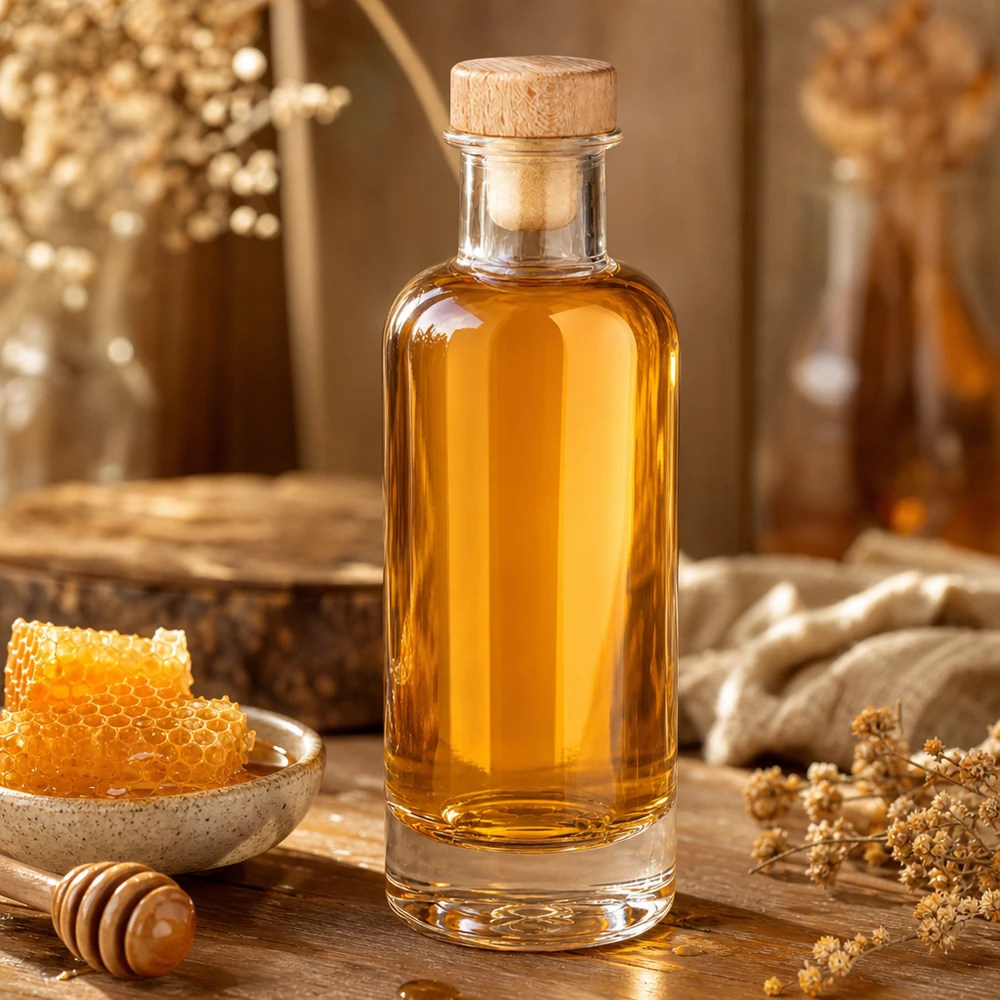 Bouteille en verre Ella de 200 ml avec bouchon en bois remplie de miel à côté d'un nid d'abeille et d'une cuillère à miel sur une table en bois rustique