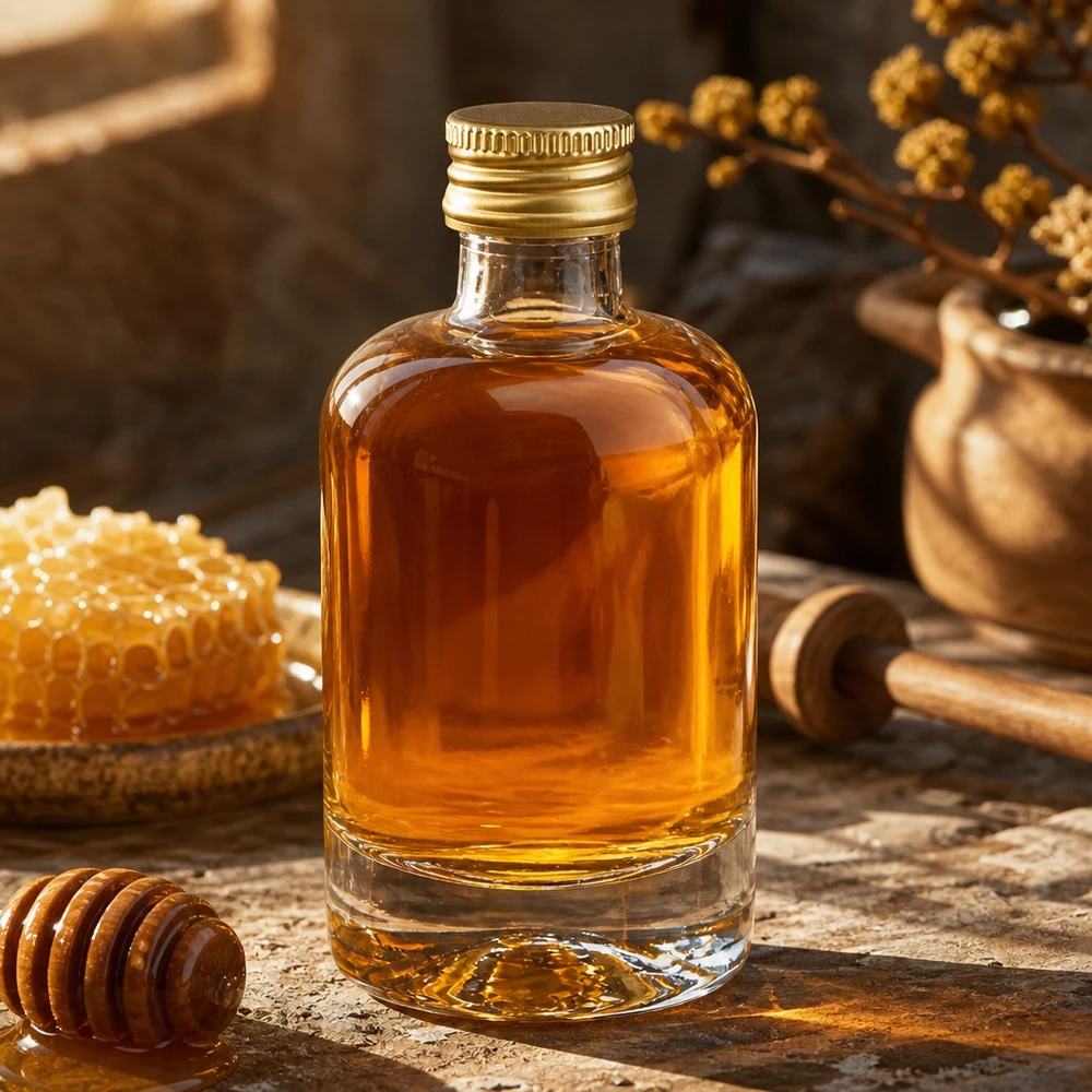 Bouteille en verre 40 ml « Sara » avec bouchon à vis doré UNiTWIST® Flacon en verre Sara de 40 ml rempli de miel - bouchon doré UNiTWIST à côté du nid d'abeille et de la cuillère à miel