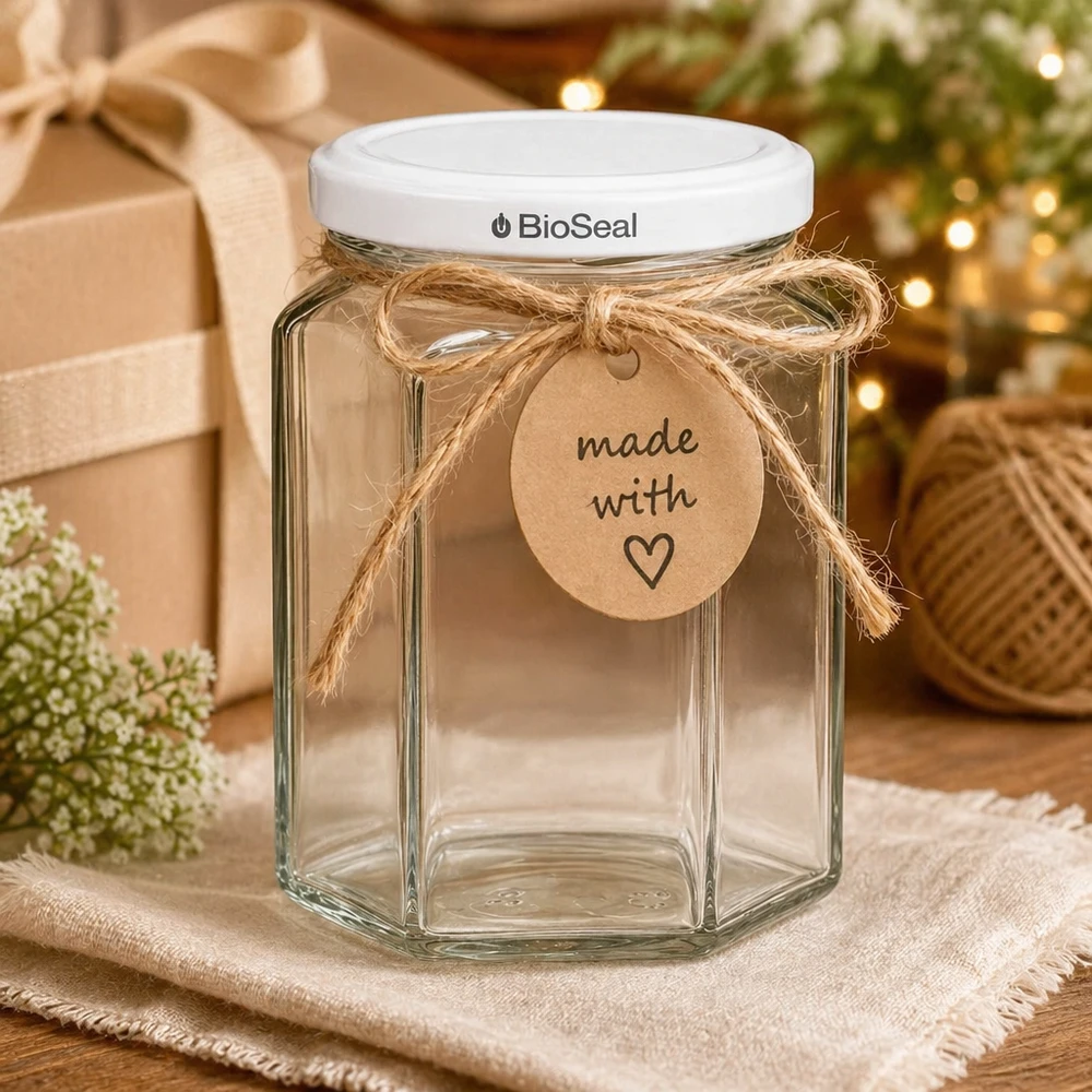 288ml Verre hexagonal avec couvercle BioSeal blanc UNiTWIST UNiTWIST Hexa288 Pot de conservation vide avec couvercle blanc TO63 BioSeal et étiquette cadeau pour les cadeaux DIY