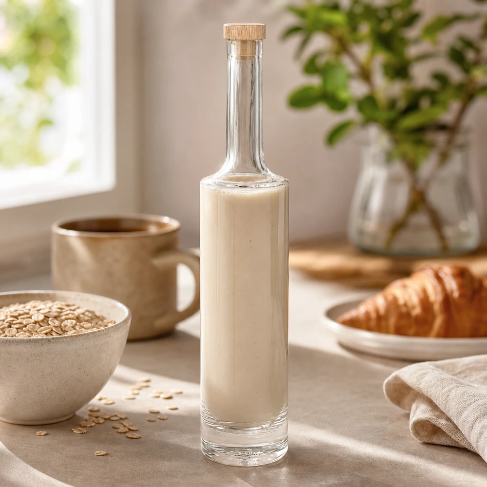 Bouteille en verre 500 ml « Rosa » avec bouchon en bois UNiTWIST® 500ml Glasflasche Rosa mit cremiger Hafermilch in stylischer Küche neben Haferflocken und Croissant mit Holzkorken