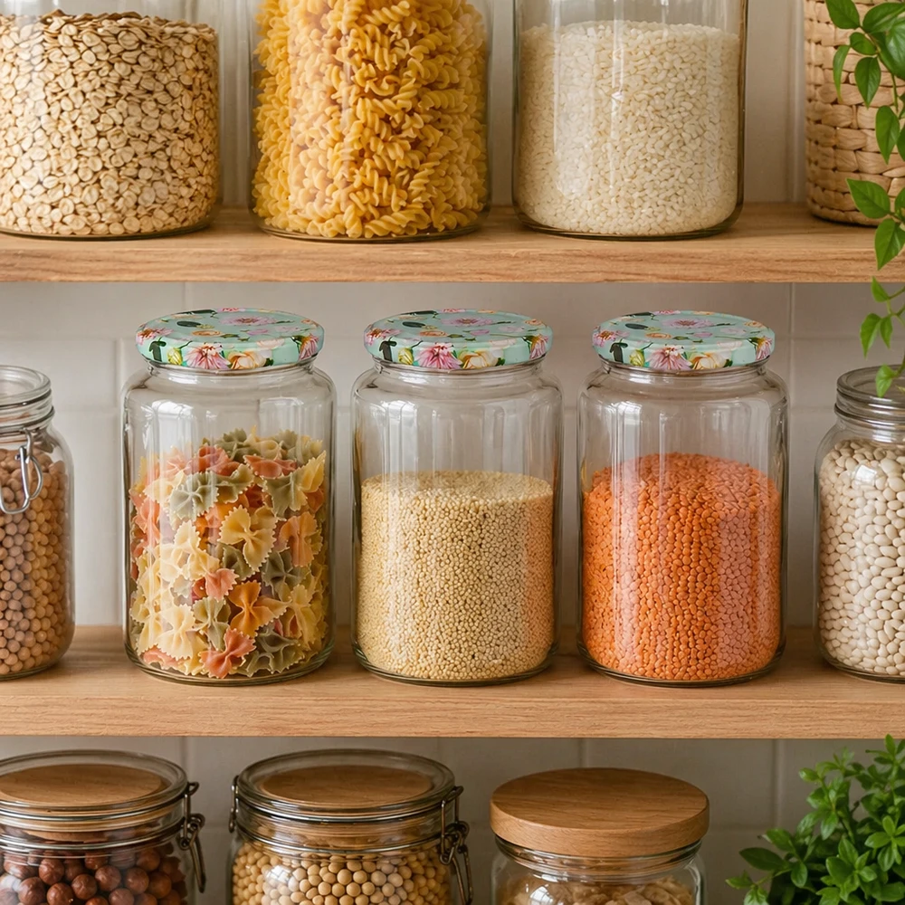 Pot rond de 795 ml + couvercle BasicSeal fleur menthe UNiTWIST Organisation de l'office avec des bocaux ronds de 795ml menthe-couvercle à fleurs, remplis de pâtes, lentilles et céréales dans l'armoire à provisions
