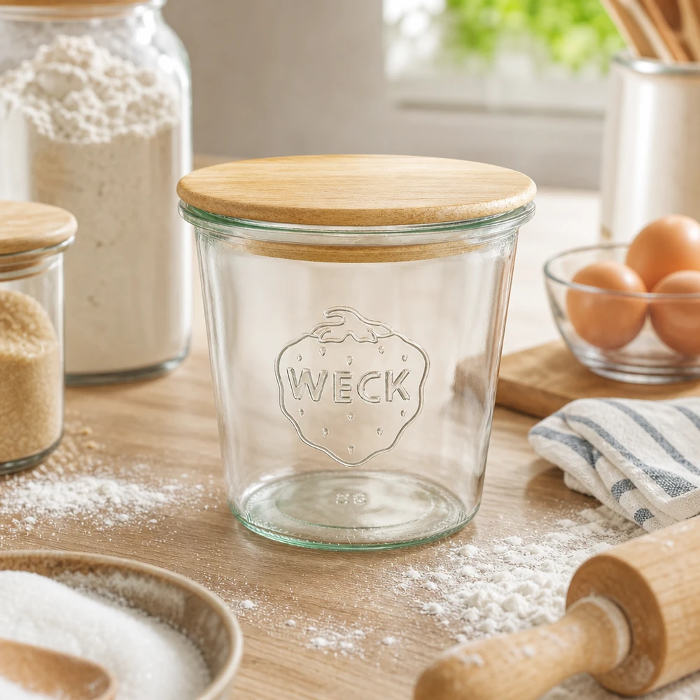 WECK Verre renversé 580ml vide avec couvercle en bois dans la cuisine sur la table en bois saupoudrée de farine entre les accessoires de cuisson et les œufs