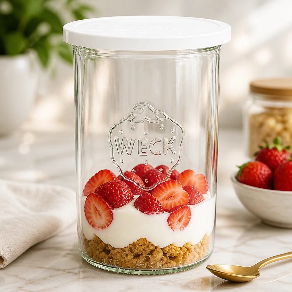1000ml bocal conique avec couvercle fraîcheur WECK RR100 WECK Pot renversé 1000ml comme pot à dessert rempli de fraises et de crème montre l'utilisation polyvalente du pot de conserve RR100