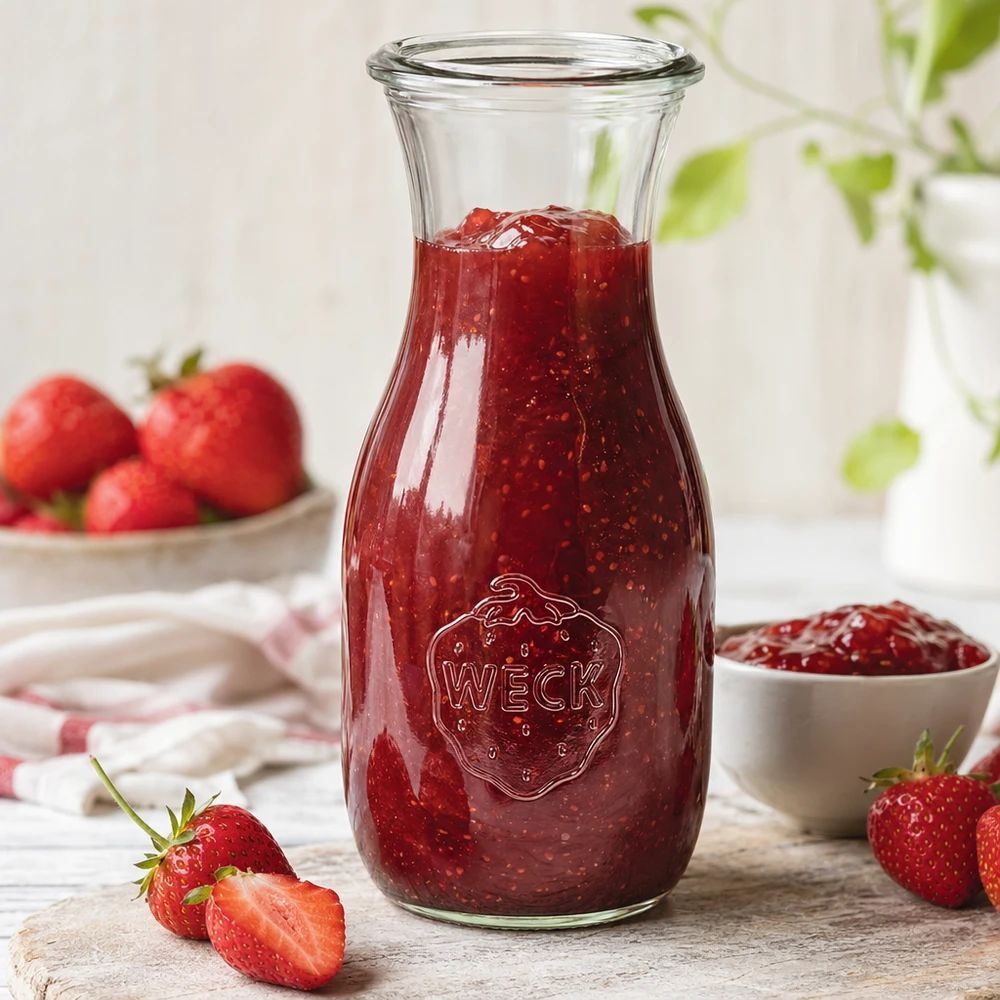 Bouteille à jus WECK RR60 de 530 ml Bouteille de jus WECK RR60 de 530 ml remplie de confiture de fraises à côté de fraises coupées et d'un bol blanc
