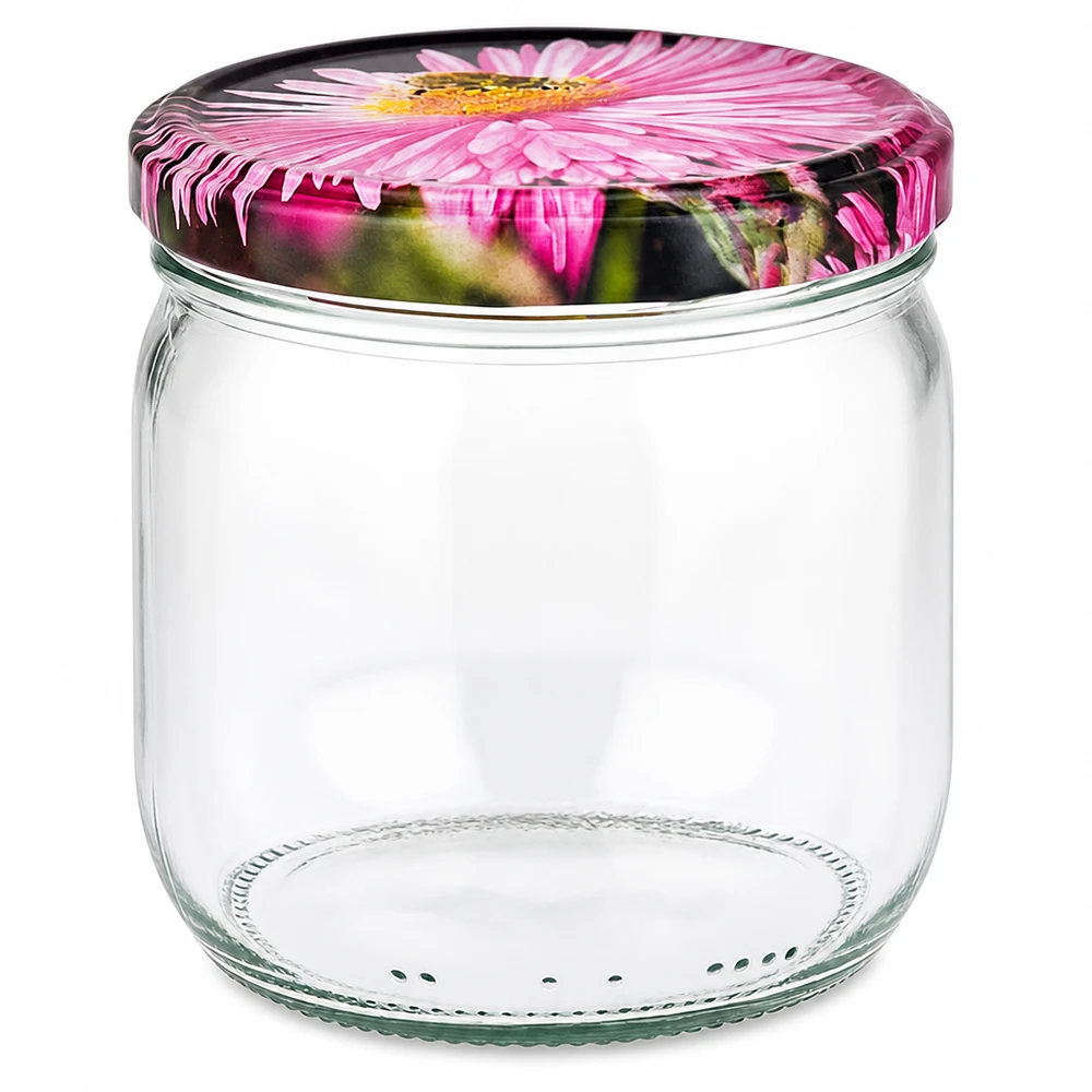 425ml pot rond avec couvercle BasicSeal en décor floral rose, pot à conserves vide en verre avec motif floral