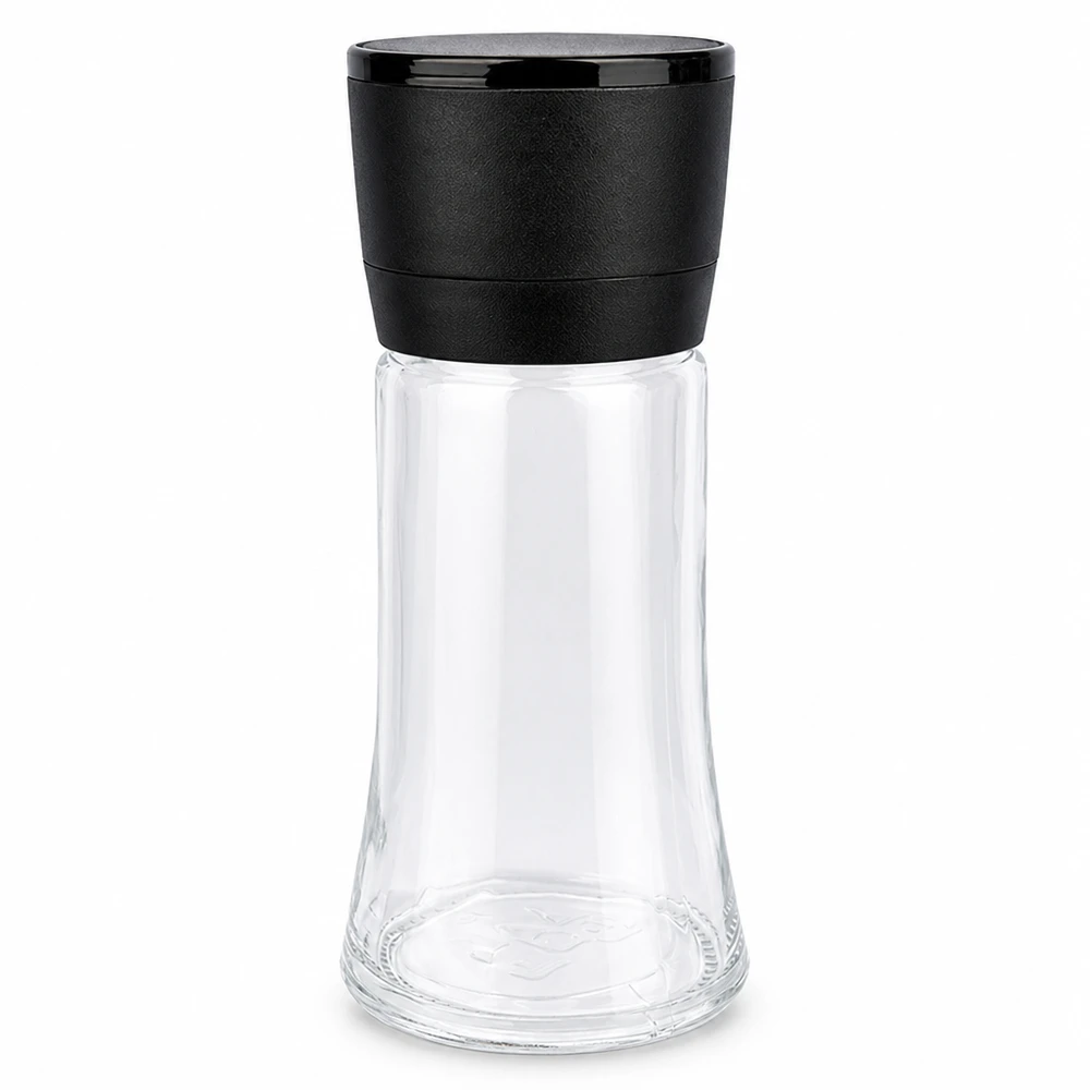 Pot à sel/épices 95 ml avec moulin Vario noir Pot à sel et à épices de 95 ml avec moulin noir Vario en verre transparent
