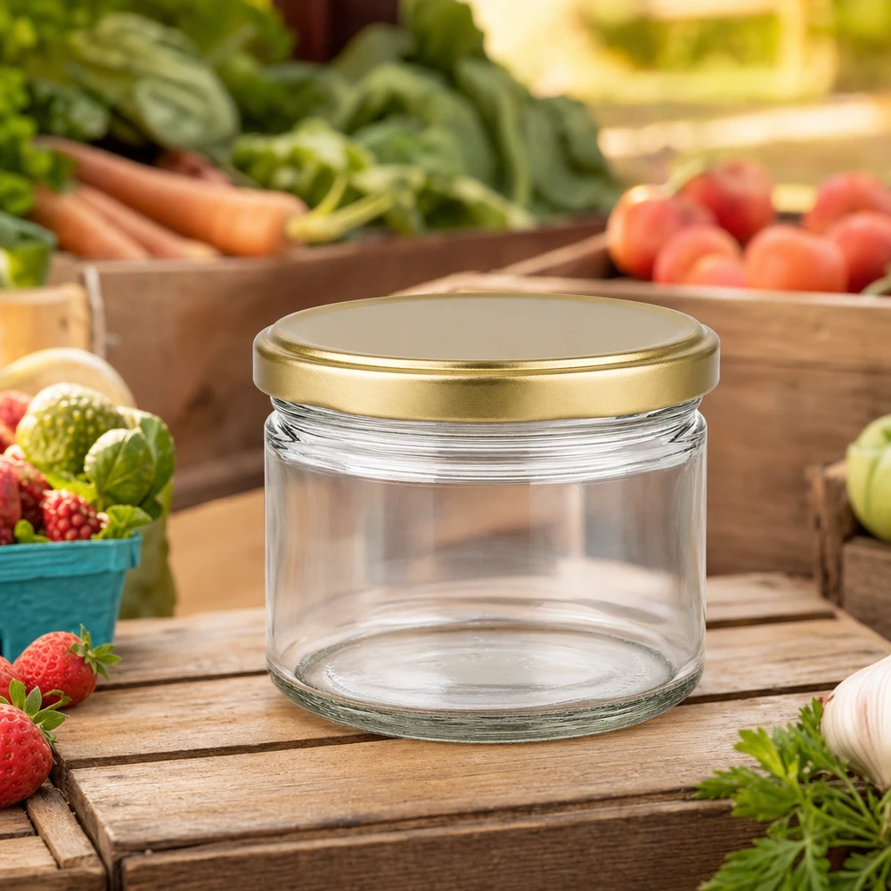 Pot à miel 700 g avec couvercle doré BasicSeal UNiTWIST Pot de miel BasicSeal de 700g vide avec couvercle doré sur planche en bois entouré de fruits et légumes frais du marché
