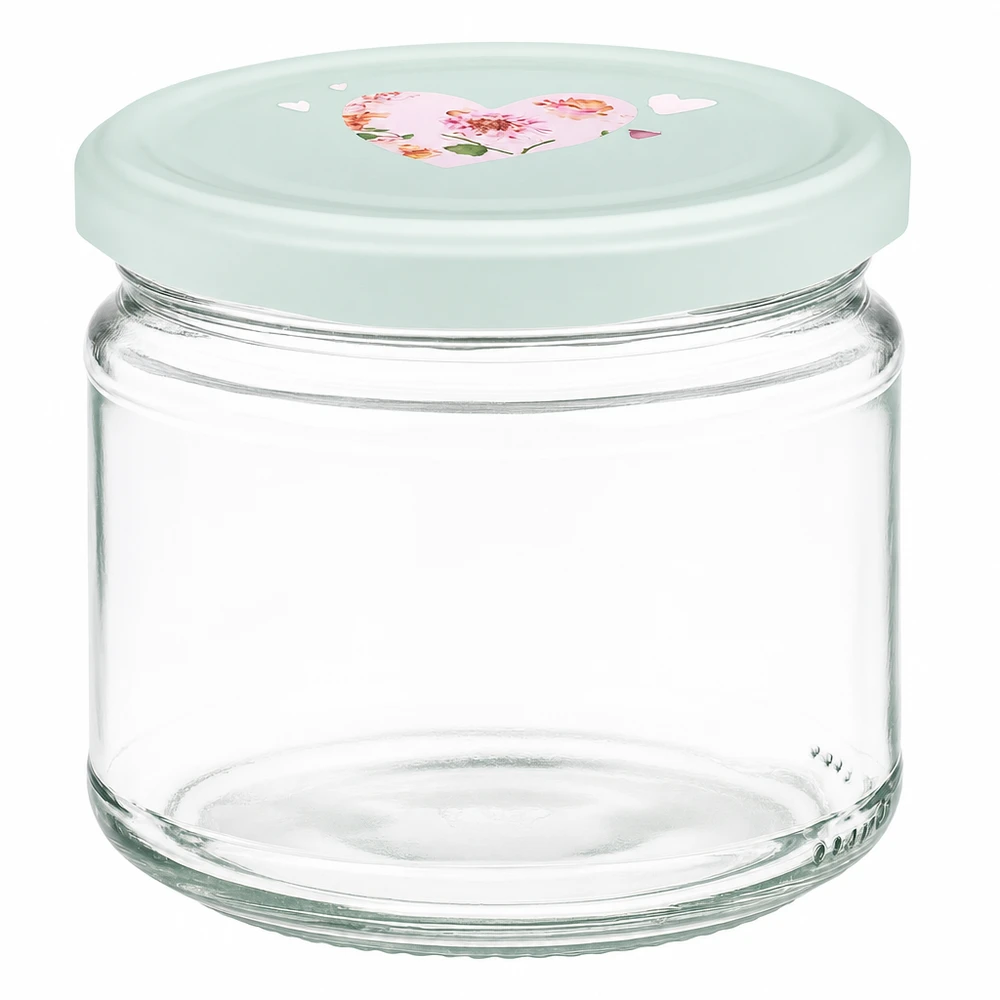 Bocal rond de 330 ml + couvercle BasicSeal cur menthe UNiTWIST 330ml bocal rond avec couvercle BasicSeal vert menthe motif cœur bocal à conserves vide transparent
