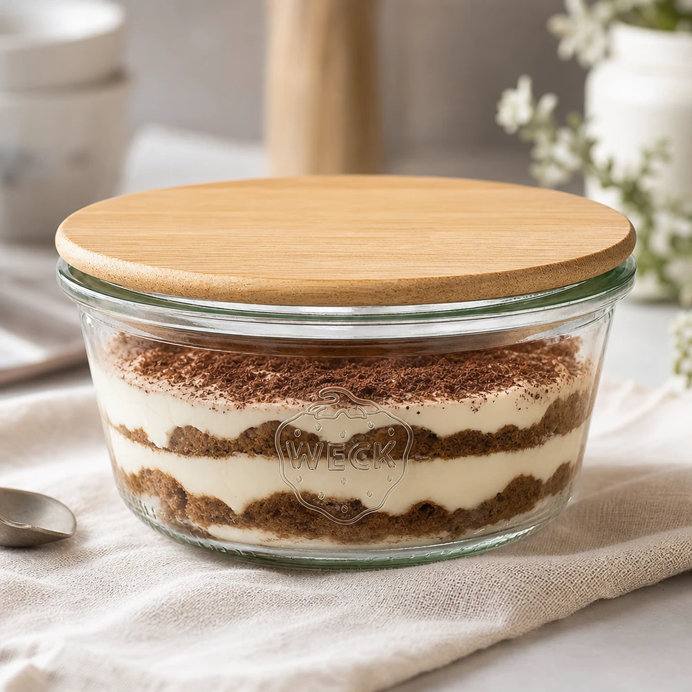 290ml bocal conique faible WECK RR80 avec couvercle en bois WECK Verre renversé 290ml RR100 rempli de tiramisu avec couvercle en bois de bambou, verre à dessert dans une élégante scène de cuisine