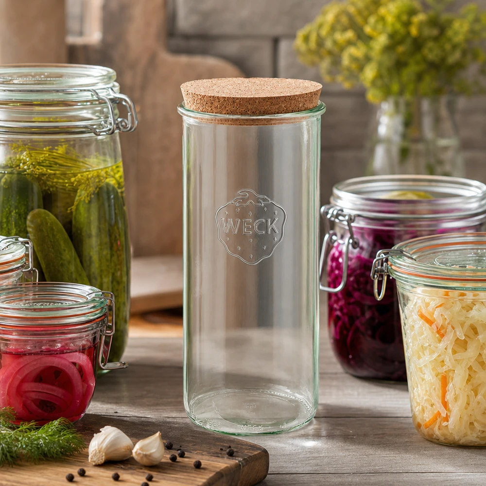 1500ml bocal conique WECK RR100 avec bouchon nature WECK Bocal 1500ml RR100 Scène de cuisine avec cornichons marinés Choucroute oignons rouges Couvercle en liège Conserver