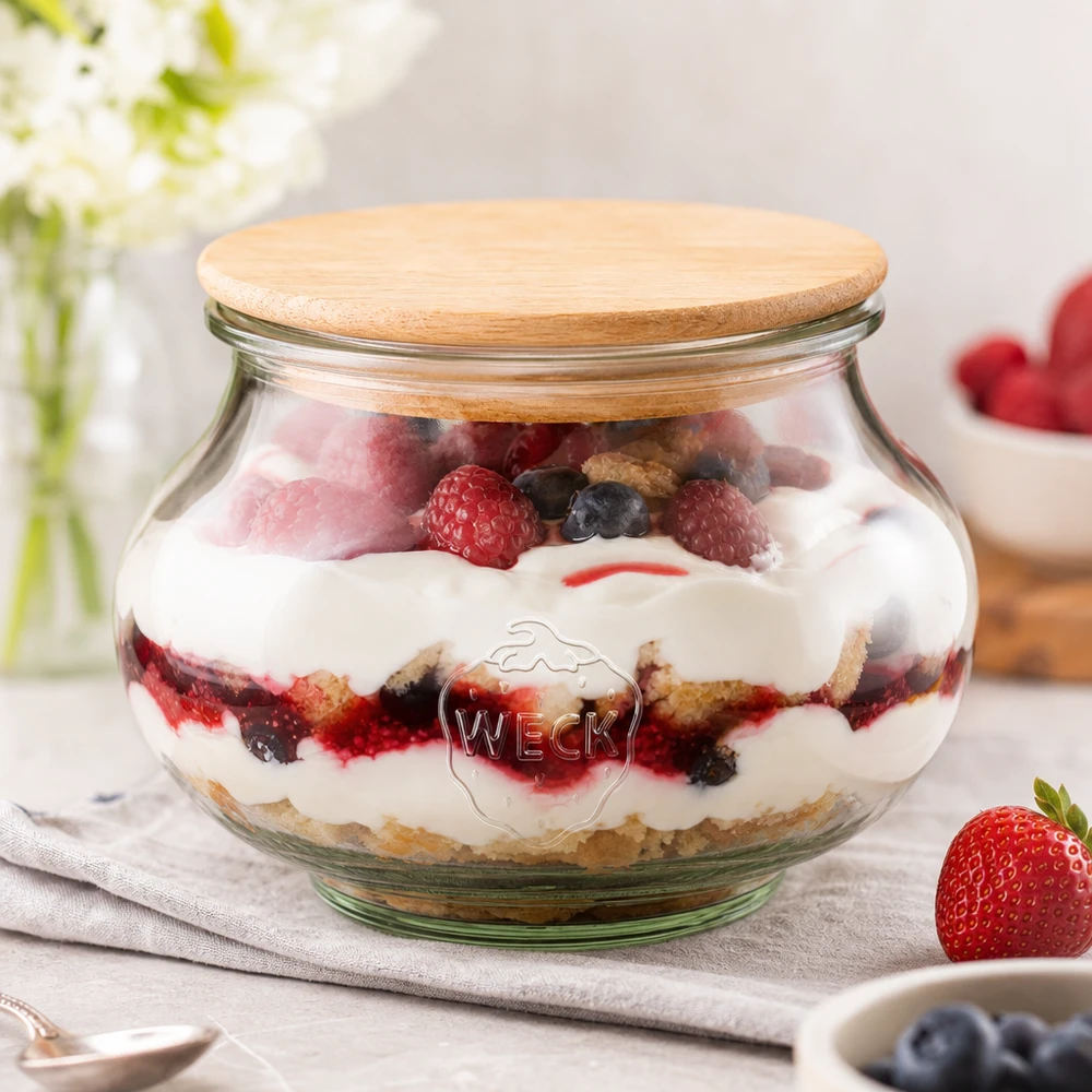 WECK Verre à bijoux 560ml RR80 Couvercle en bois rempli de baies Dessert Dessert en couches sur surface blanche Décoration de cuisine
