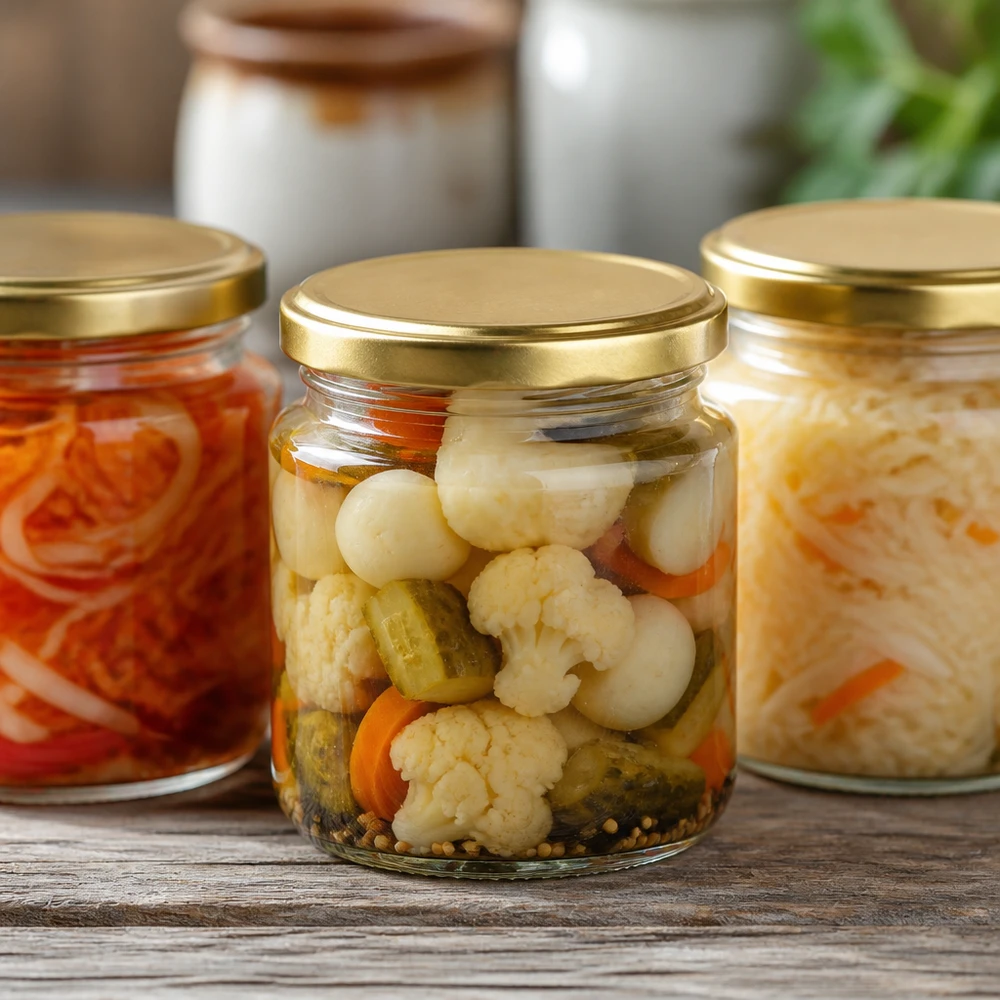 212ml Bocal rond UNiTWIST avec couvercle doré rempli de légumes marinés - Chou-fleur Concombres Carottes fermentées