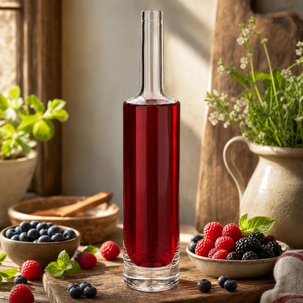 Bouteille en verre 500 ml « Rosa » sans bouchon UNiTWIST® Bouteille en verre rose de 500ml remplie de liqueur de baies entre framboises fraîches myrtilles cuisine rustique Image 9 de produit