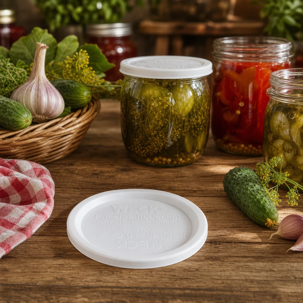 Couvercle fraîcheur WECK RR120 WECK Couvercle de conservation des produits frais RR120 dans une cuisine de conservation rustique avec des concombres marinés, des tomates et des herbes fraîches