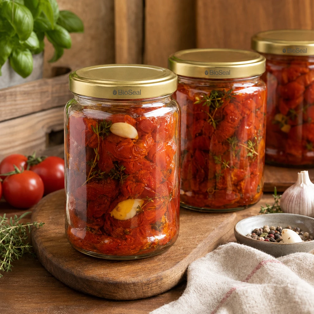 Pot à miel 1000 g avec couvercle doré BioSeal UNiTWIST Stilvolles 1000g Honigglas mit Eingemachtem und Kräutern dekorativ arrangiert für mediterrane Küche und Vorratshaltung
