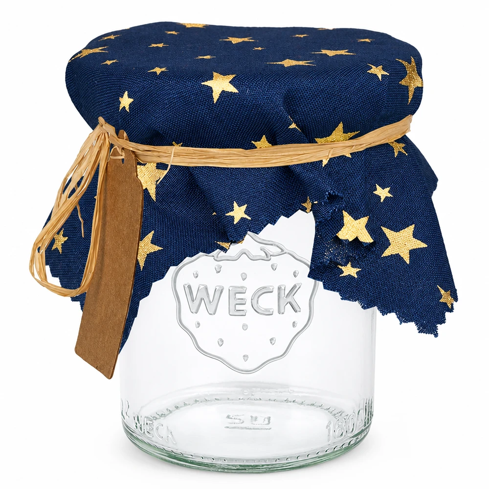 Couvre-bijoux en tissu bleu avec étoiles dorées sur bocal Weck avec ruban et étiquette 15cm carré