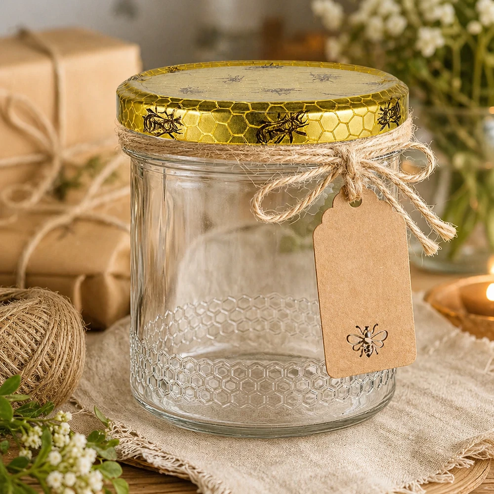 Pot à miel 560 g avec couvercle motif rayon de miel BasicSeal UNiTWIST Pot de miel de 400 ml décoratif avec cordon de raphia et pendentif, couvercle doré à motif d'abeilles, emballage cadeau rustique