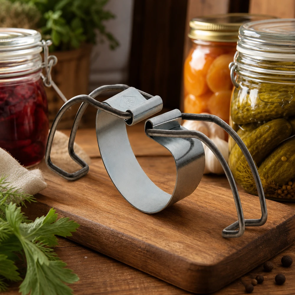 Support de cuisson RR100 Etrier de mise en conserve RR100 sur planche en bois à côté de bocaux remplis de confiture et de légumes marinés