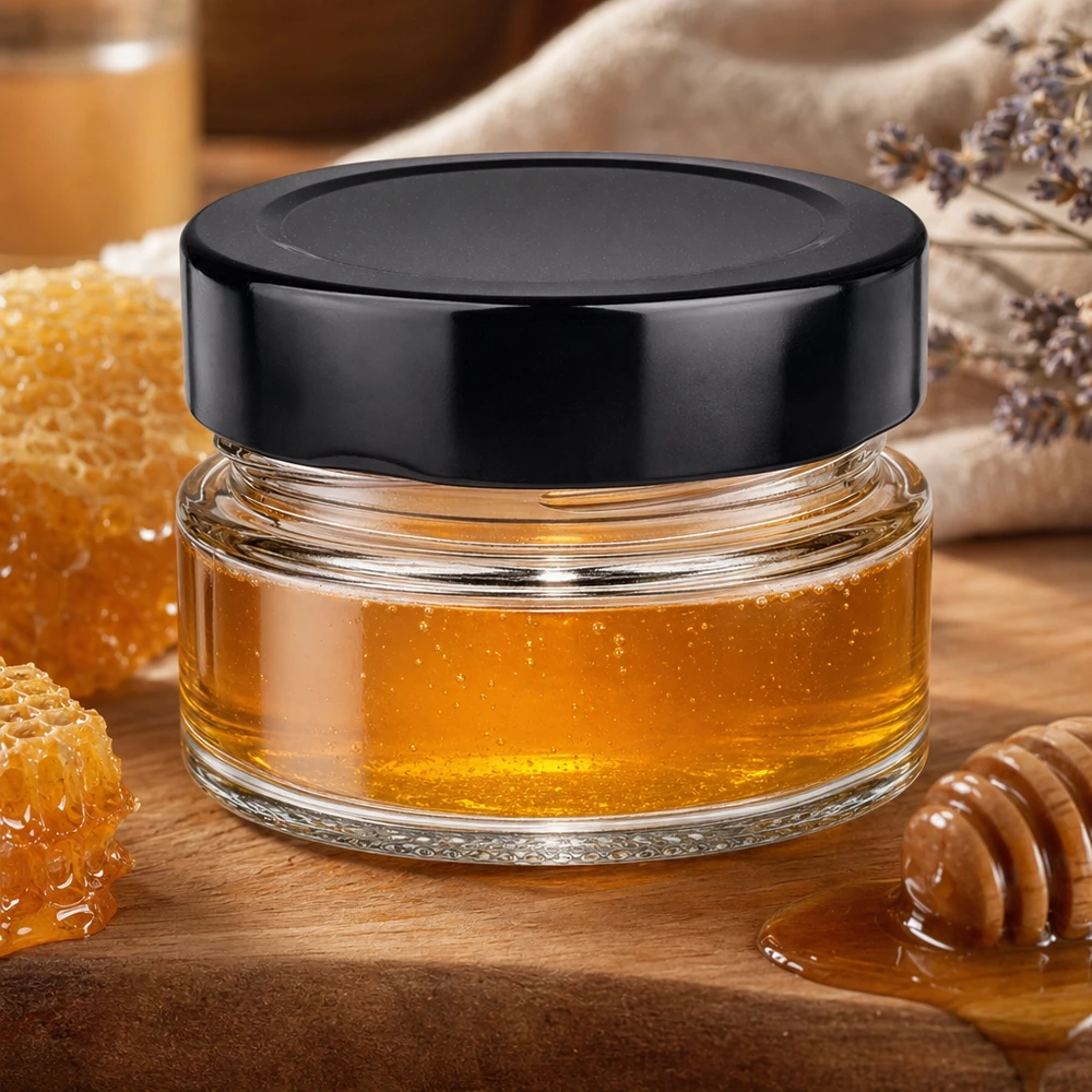 Bocal rond de 80ml avec couvercle noir BasicSeal rempli de miel en nid d'abeille Cuillère en bois scène de cuisine naturelle