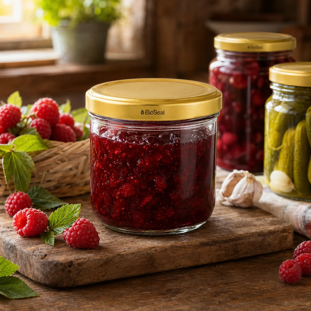UNiTWIST Pot renversé de 260ml rempli de confiture de fraises - couvercle TO82 BioSeal doré pour confiture maison