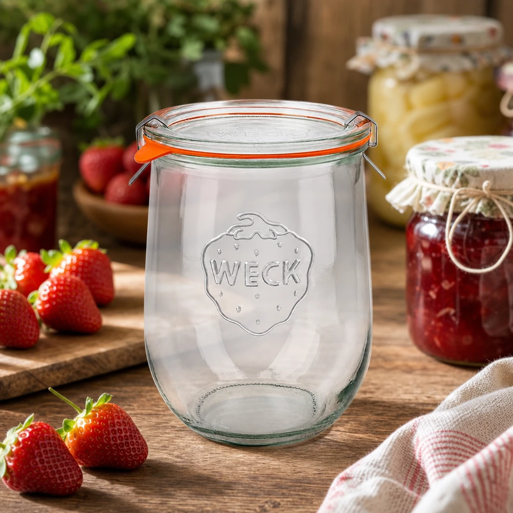 1062ml bocal tulipe complet WECK RR100 WECK Pot tulipe 1062ml RR100 vide avec fraises et confitures maison sur table rustique en bois dans la cuisine