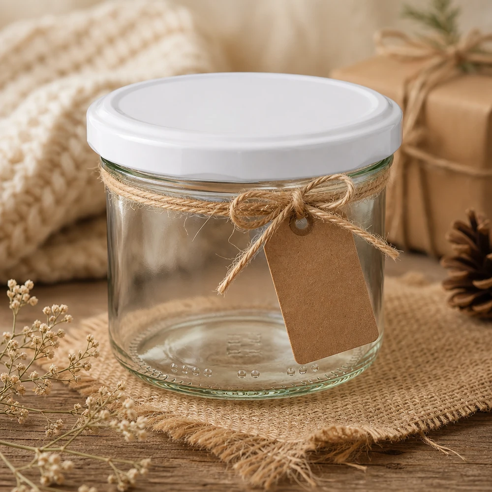 Pot cylindrique de 230 ml avec couvercle BioSeal blanc et étiquette cadeau dans une scène décorative rustique avec de la jute et des pommes de pin