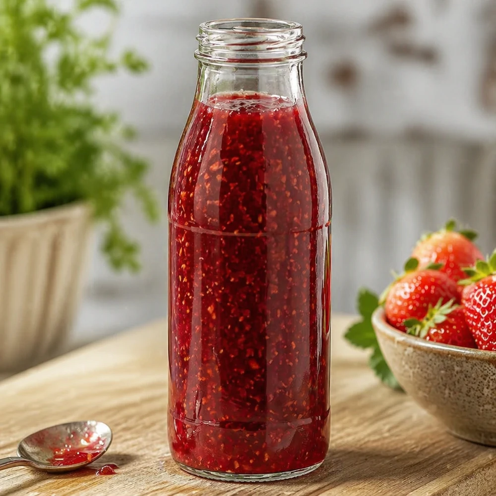 500ml Bouteille sans bouchon (TO48) UNiTWIST Bouteille en verre de 500 ml sans bouchon TO48 UNiTWIST remplie de confiture rouge à côté de fraises fraîches sur une table en bois