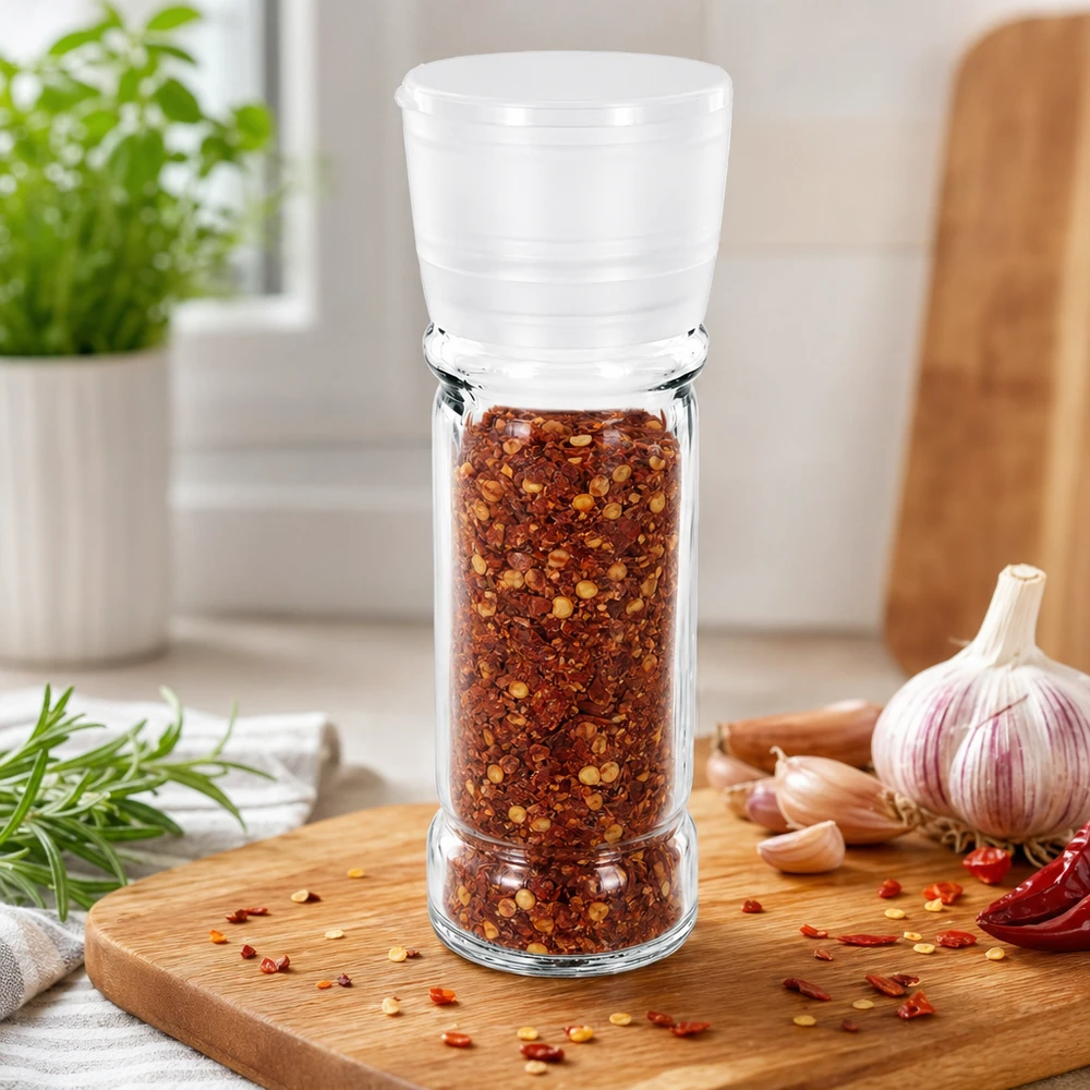 Pot à sel/épices 100 ml avec moulin Vario blanc Pot à épices de 100 ml avec moulin blanc, rempli de flocons de piment, posé sur une planche à découper en bois