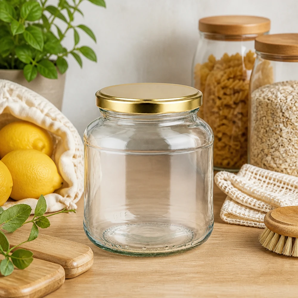370ml verre ovale vide avec couvercle doré BasicSeal UNiTWIST dans un environnement de cuisine naturel avec des citrons et des herbes aromatiques